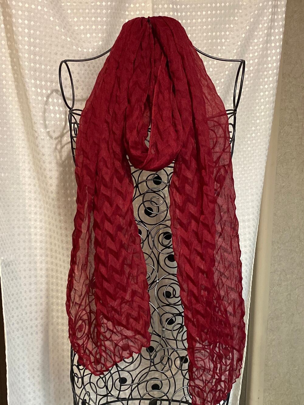 Burgundy Chevron Sheer Textured Knit Scarf 72X18